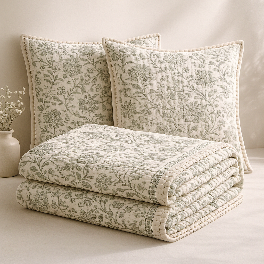 20251216_2330_Kantha Quilt Display_simple_compose_01kcm52jrweg692z54vtejtv9s Hand Block Printed Cotton Kantha Quilt Set with 2 Pillow Covers – Animal Print - Image 1